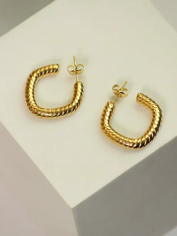 STAINLESS STEEL SPIRAL TEXTURE ROUNDED SQUARE HOOP EARRINGS