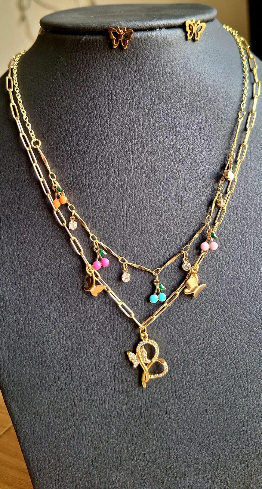 STAINLESS STEEL CUTE CHERRY DROP DOUBLE LAYER NECKLACE SET