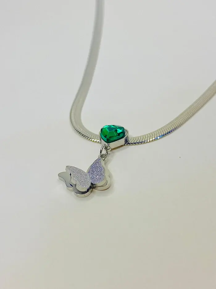 STAINLESS STEEL SNAKE CHAIN GREEN STONE BUTTERFLY NECKLACE