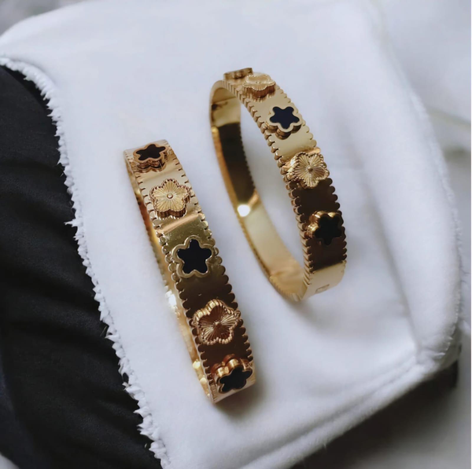 18K GOLD PLATED LUCKY FLOWER CUFF BRACELET TARNISH FREE