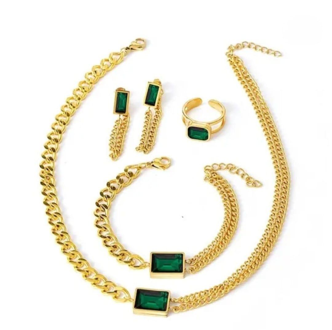 STAINLESS STEEL EMERALD GREEN GEM STONE COMPLETE NECKLACE SET