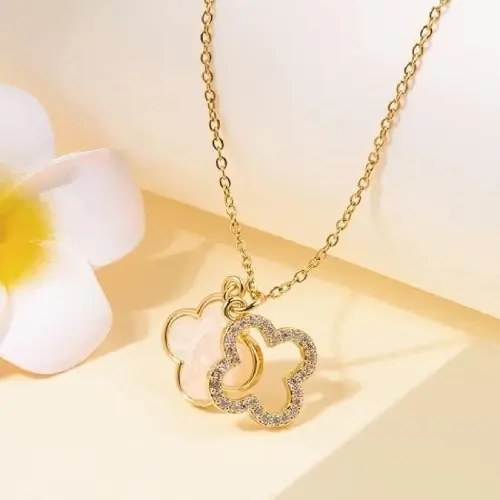 STAINLESS STEEL FOUR LEAF DOUBLE CLOVER NECKLACE