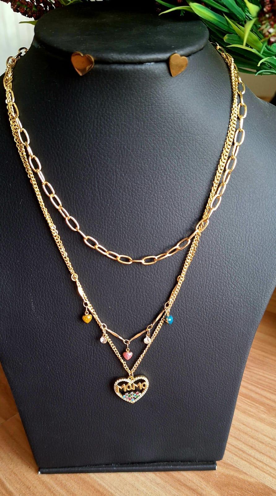STAINLESS STEEL 3 LAYERS DROP HEART NECKLACE SET