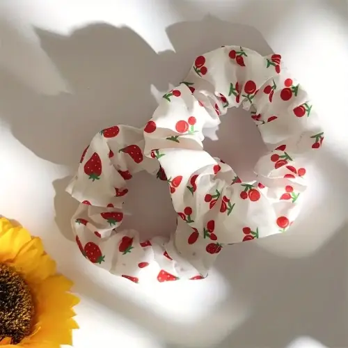 2pcs-elegant-boho-chic-fabric-scrunchies-with-strawberry-and-cherry-prints-perfect-for-ponytails