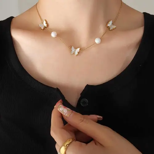 STAINLESS STEEL BUTTERFLY PEARL NECKLACE