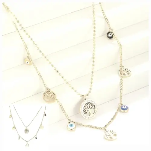 STAINLESS STEEL TREE OF LIFE SILVER MULTI LAYER NECKLACE
