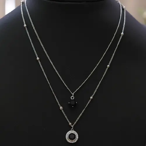 STAINLESS STEEL SILVER DOUBLE CHAIN BLACK ROUND PENDANT