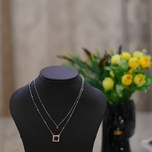 STAINLESS STEEL SILVER DOUBLE CHAIN RED PENDANT