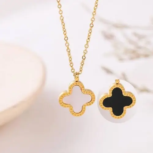 STAINLESS STEEL CLOVER LEAF BLACK CHAIN NECKLACE