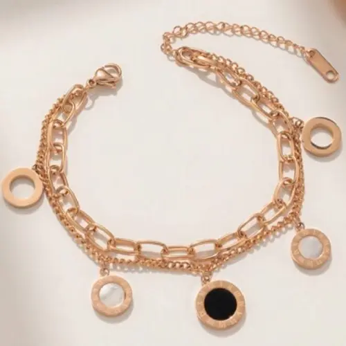 STAINLESS STEEL ROMAN CIRCLE NUMERALS DOUBLE CHAIN BRACELET