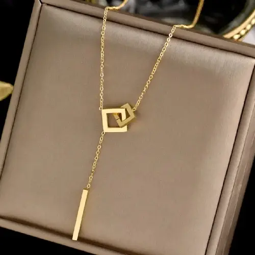STAINLESS STEEL OVERLAY LONG TASSEL SQUARE NECKLACE